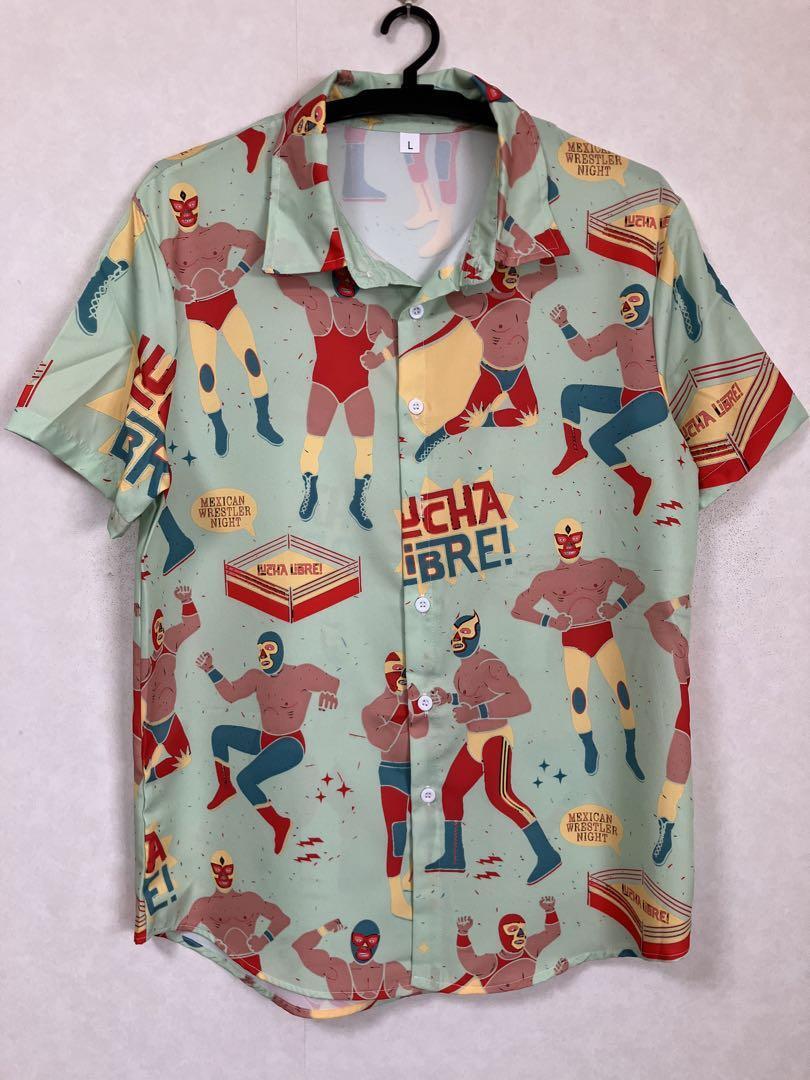 【新品】 プロレス　マスクマン　メキシコ　MASKMAN シャツ　Tシャツ　総柄　派手　目立つ　アロハシャツ　ボタンシャツ　開襟