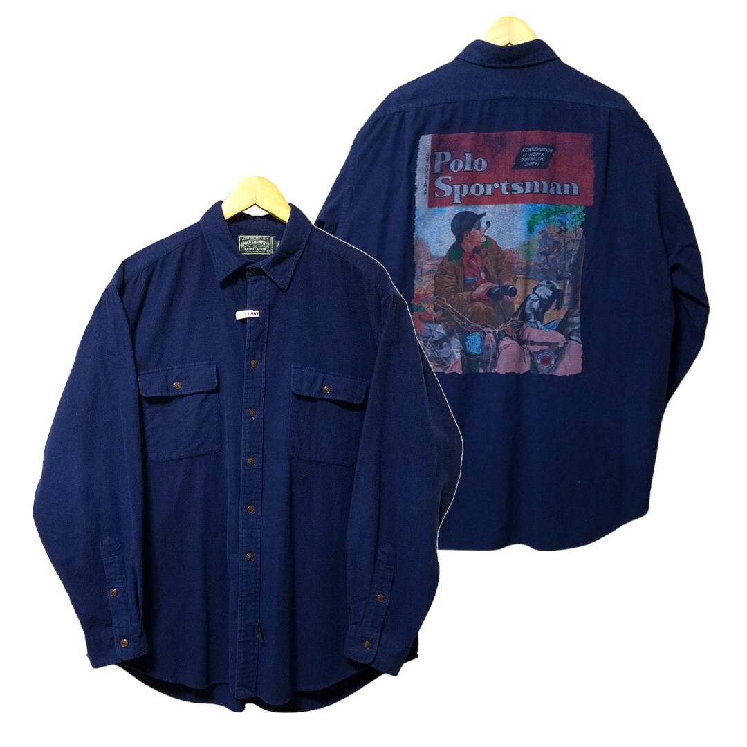 【レア　90s　クリーニング済】Polo Country　Sportsman　ポロカントリー　ポロスポーツマン　ラルフローレン　長袖シャツ　バックプリント