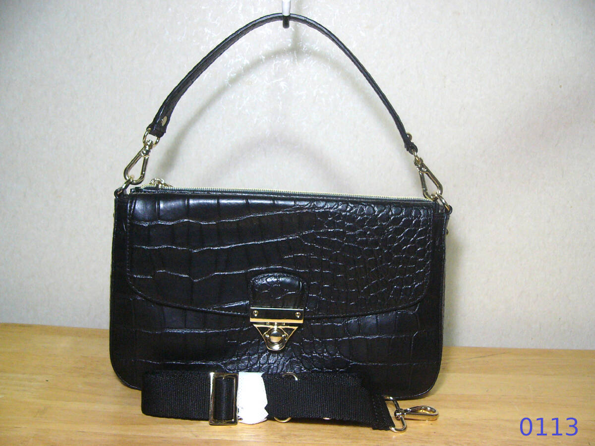 未使用cat in the closet キャットインザクローゼット 2WAYショルダーストラップ クロコ型押し 黒 ブラック ハンドバッグ 背面にウォレット