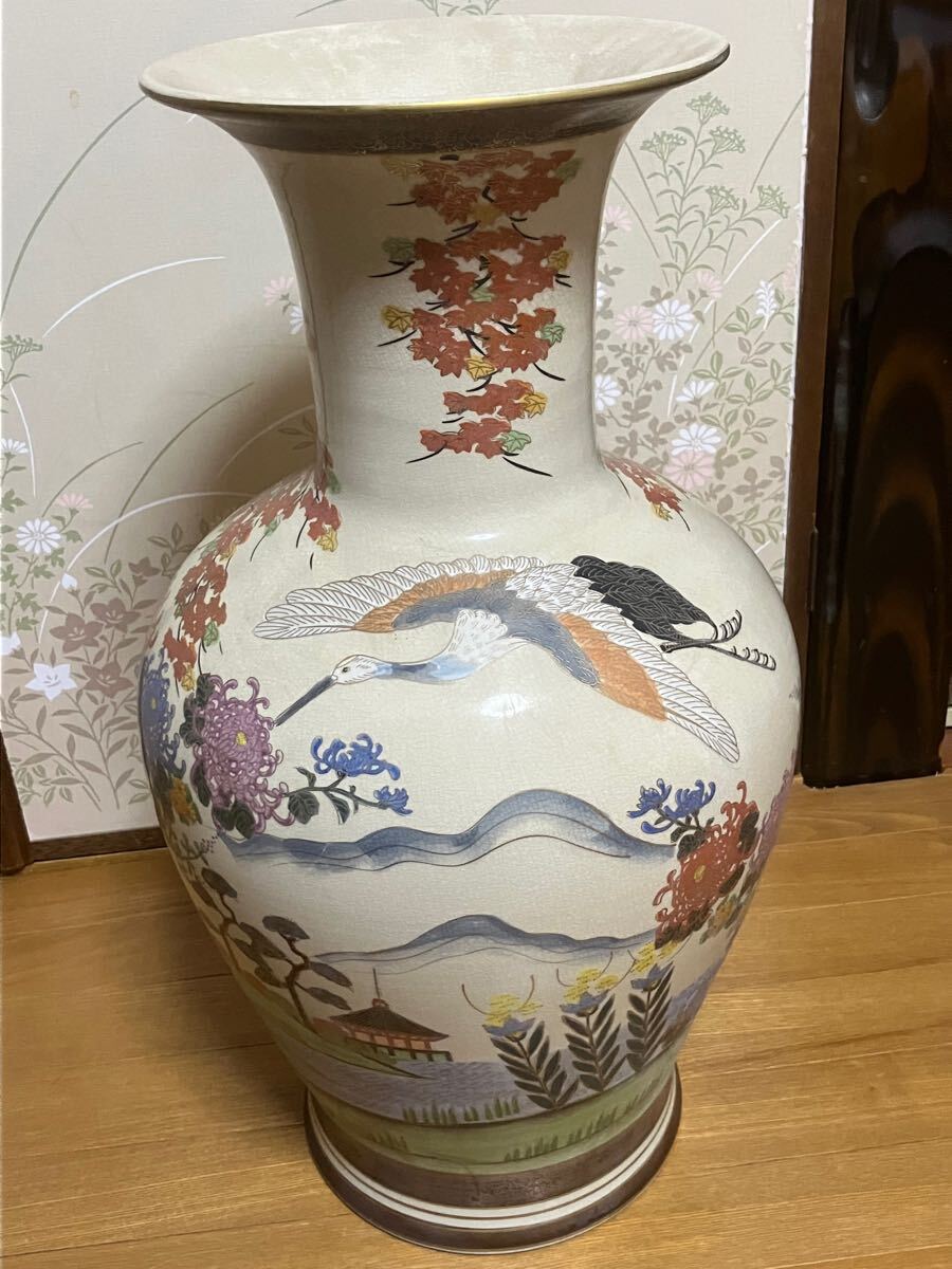 ☆九谷焼 陶明作 色絵鶴図大花瓶 高60.5cm ☆検伊万里・薩摩 ☆九谷焼 陶明作 色絵鶴図大花瓶 高60.5cm ☆検伊万里・薩摩