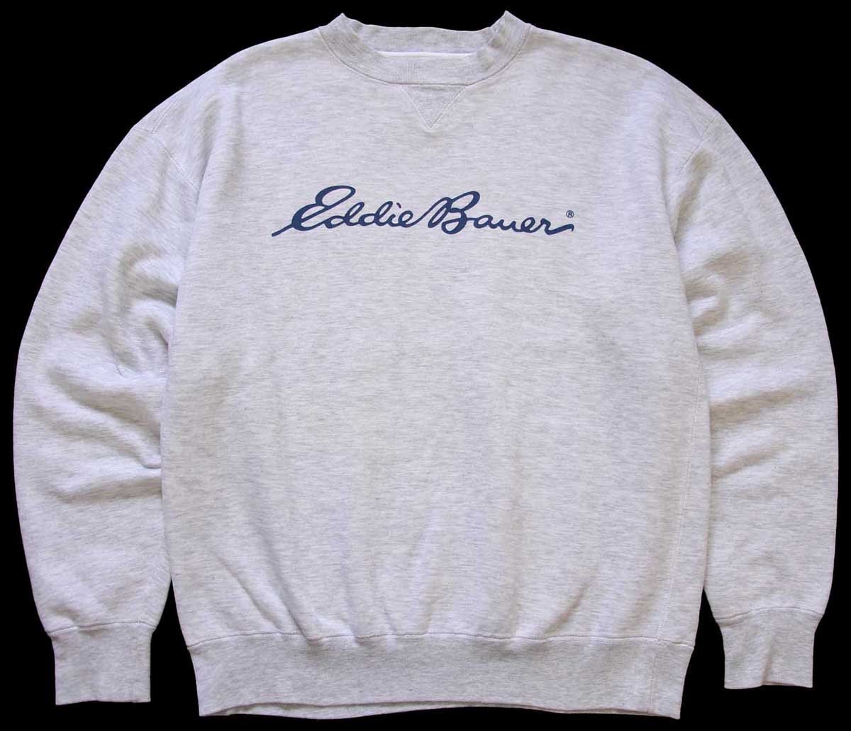 ★90s EddieBauerエディーバウアー ロゴ はめ込み 前V スウェット 杢ライトグレー L★オールド ビンテージ アウトドア 黒タグ ビッグサイズ