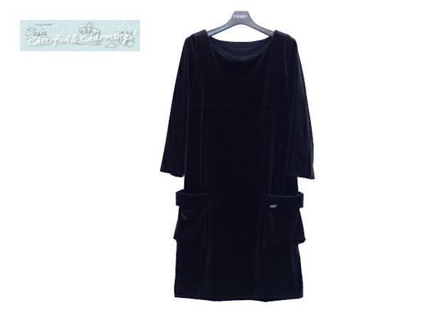 VELOUR Noir by FOXEY NEWYORK ワンピース ドレス ミシェル 38 ブラック ストレットベロア アウトポケット ロゴプレート リボン 29189