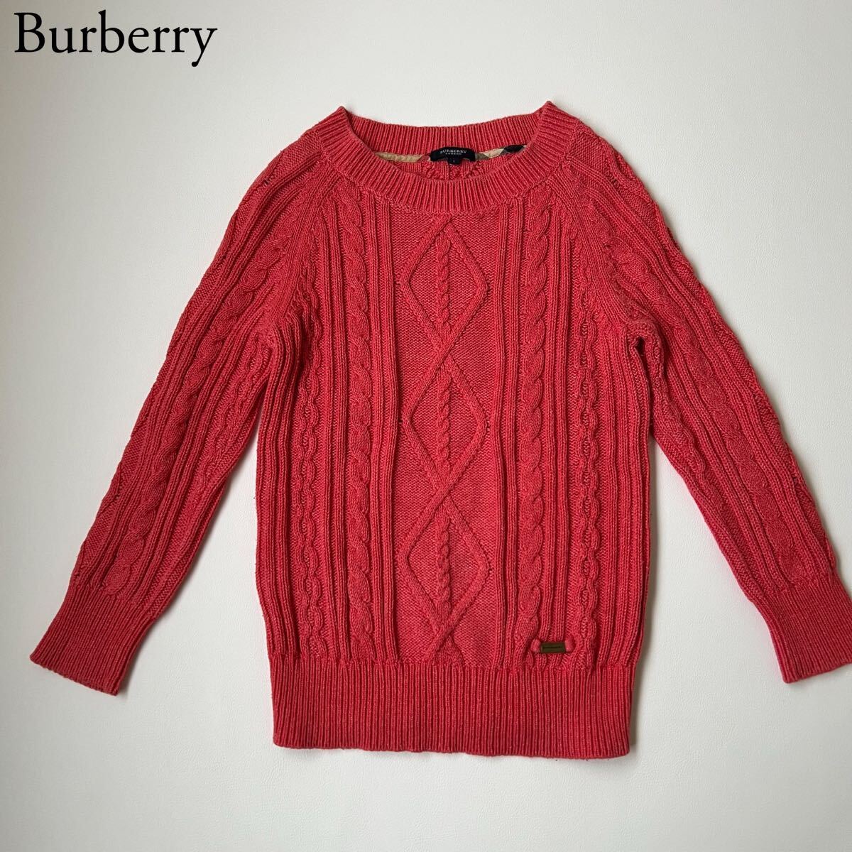良品 BURBERRY LONDON バーバリーロンドン ケーブルニット セーター ロゴプレート 長袖 プルオーバー トップス レディース