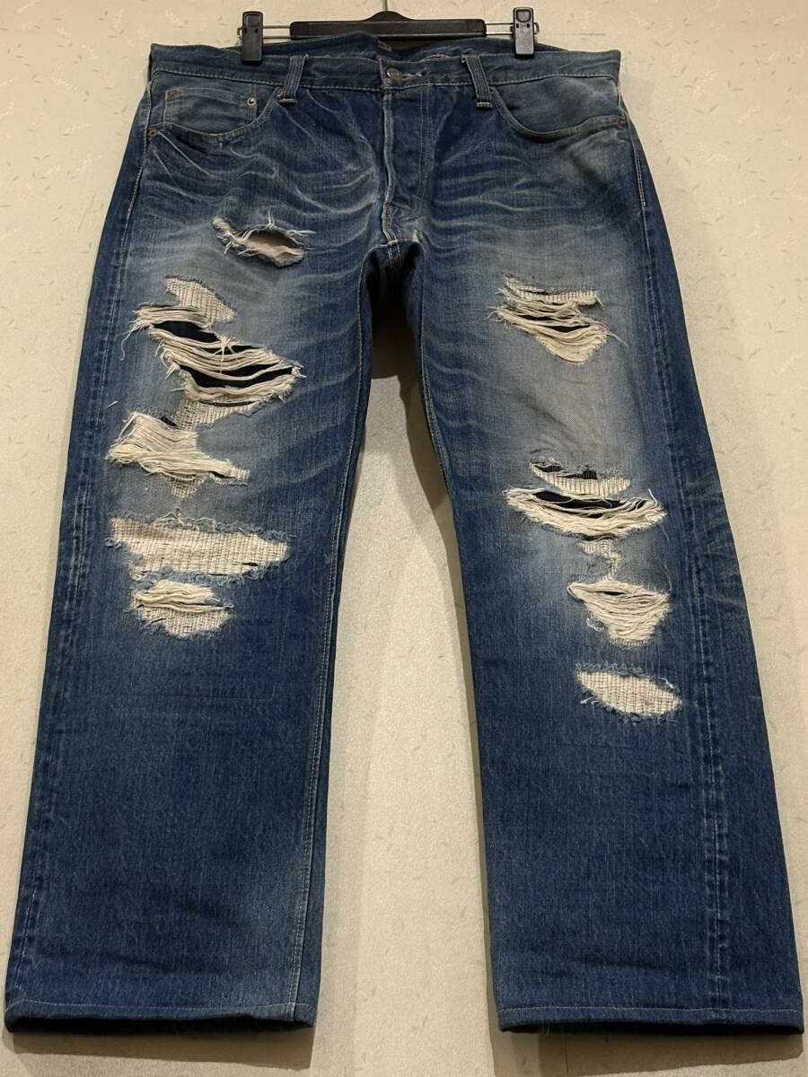※東洋エンタープライズ SUGAR CANE シュガーケーン LOT501 ダメージ＆リペア加工セルビッチロンスターデニムパンツ インディゴ 36 BJBE.A