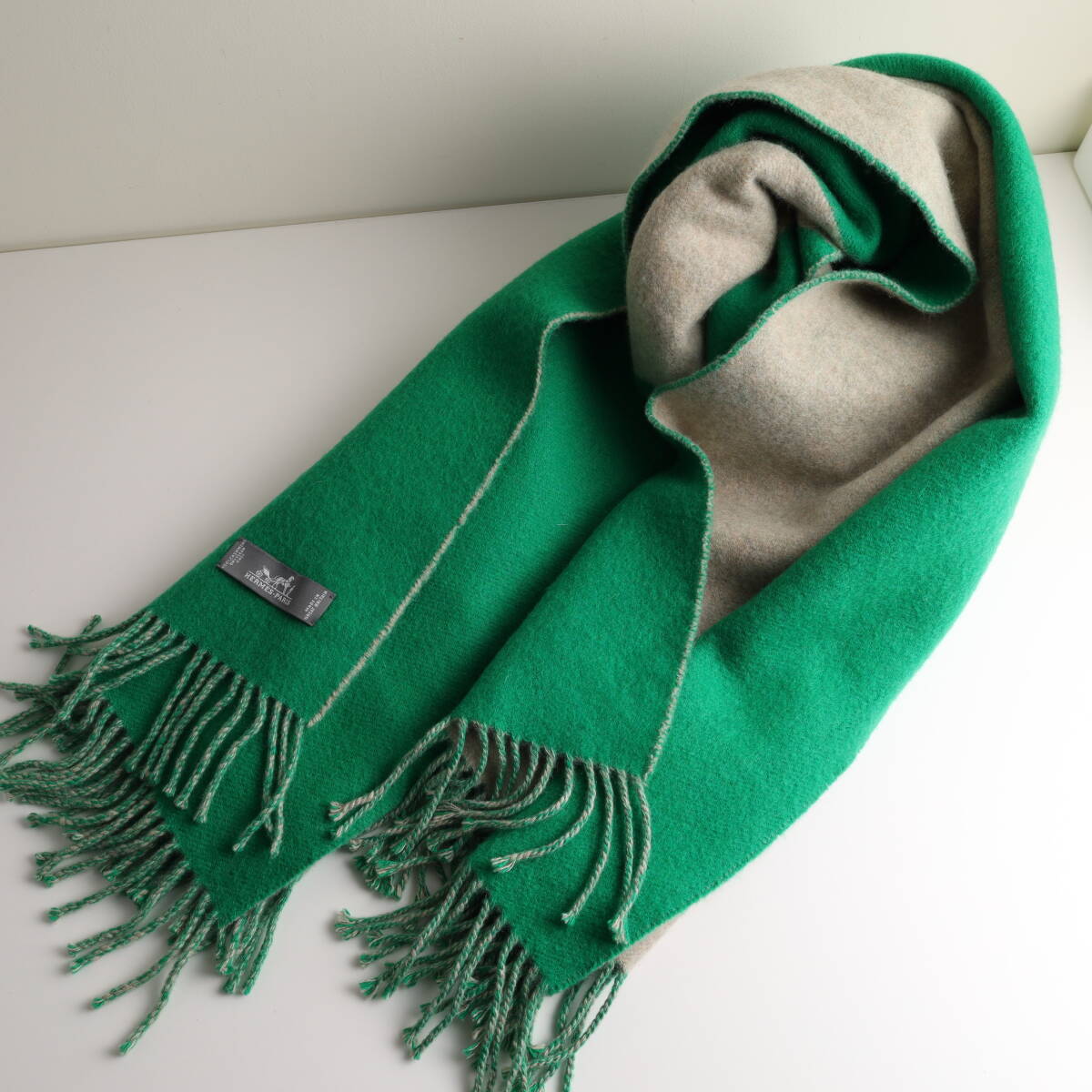 HERMES エルメス マフラー カシミヤ100% 160×65cm グリーン_画像5