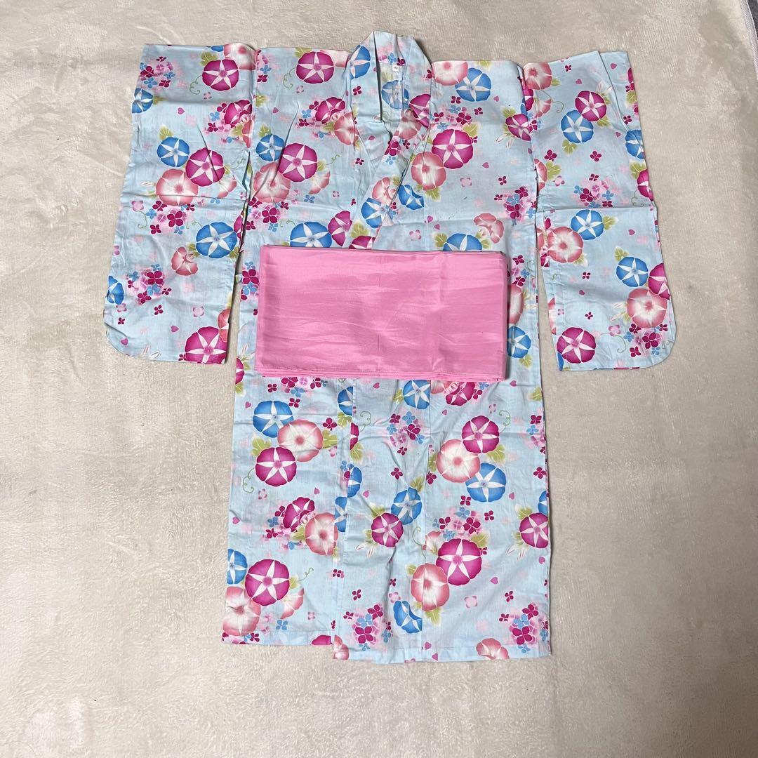 兵児帯付き 綿 ゆかた 110サイズ 水色 ピンク 朝顔