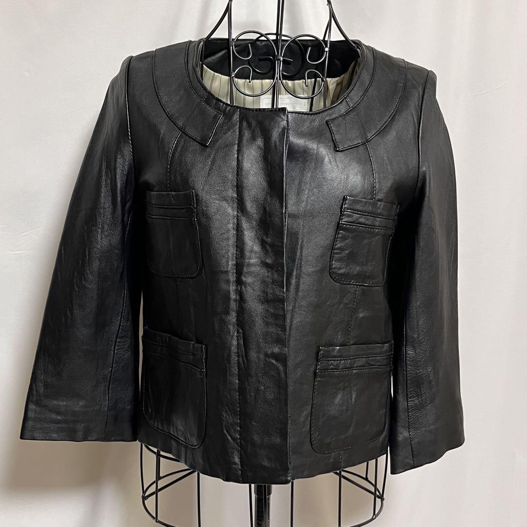 美品 URBAN RESEARCH アーバンリサーチ ラム レザー クロップド ジャケット ノーカラー 本革 羊革 ショート丈 ブラック 黒