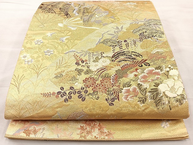 平和屋着物◎六通柄袋帯　唐織　遠山扇面花鳥紋　九百錦　純銀純金箔　正絹　逸品　BAAK3568if