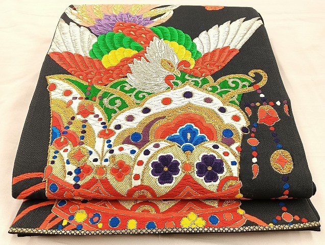 平和屋着物◎六通柄袋帯　唐織　鳳凰正倉院文　黒地　金銀糸　正絹　逸品　BAAK5706if