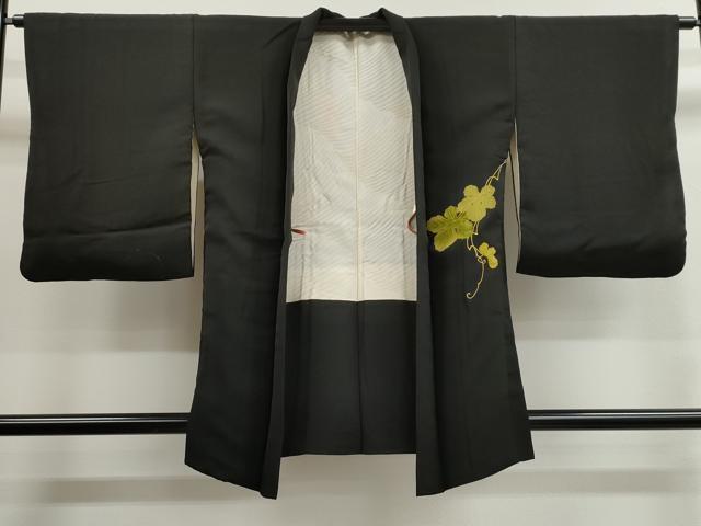 平和屋着物■羽織　刺繍　葡萄蔦の葉文　黒地　正絹　逸品　CAAK3931dy