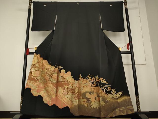 平和屋着物■豪華黒留袖　草花文　金彩　正絹　逸品　AAAN3958cg