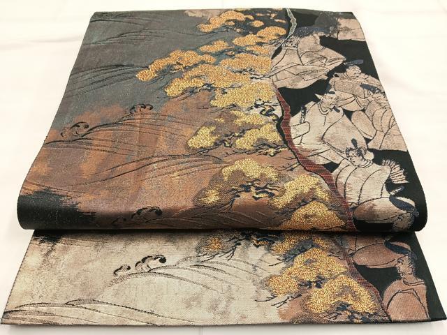平和屋着物◎六通柄袋帯　道長六歌仙　黒地　金糸　正絹　逸品　BAAM3414cm