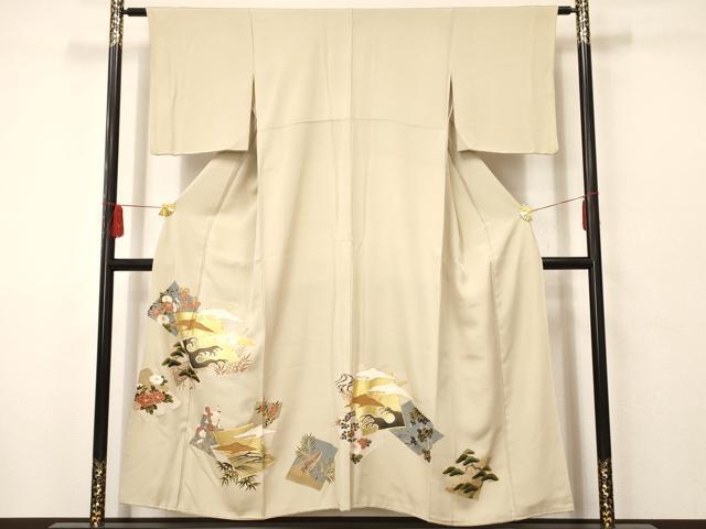 平和屋着物■豪華色留袖　駒刺繍　飛鶴色紙花文　金彩　正絹　逸品　AAAN1993iu