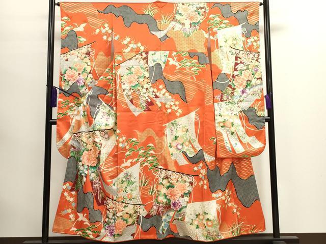 平和屋着物■豪華振袖　駒刺繍　几帳飛鶴草花文　金彩　正絹　逸品　CAAJ1021eg