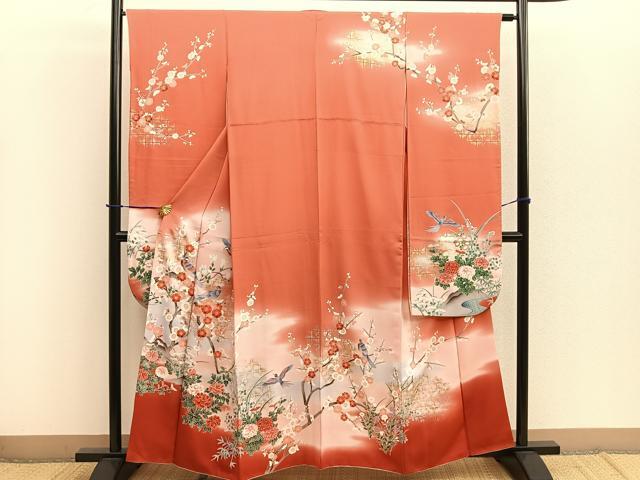 平和屋着物■豪華振袖　休み鳥花文　暈し染め　金彩　正絹　逸品　BAAM9224me