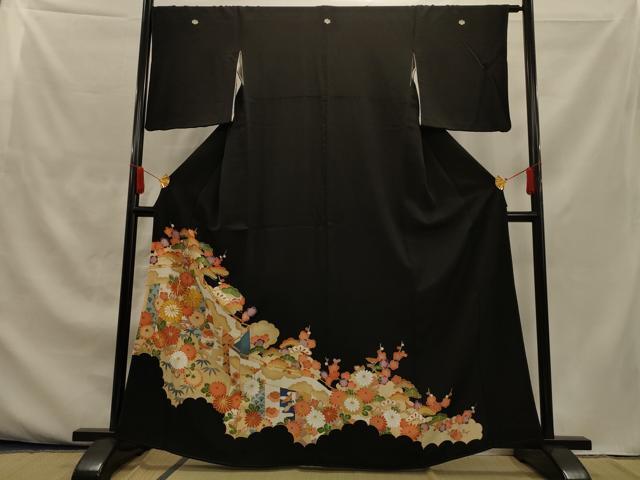 平和屋着物■豪華黒留袖　駒刺繍　吉祥花文　金彩　正絹　逸品　AAAJ3437jd