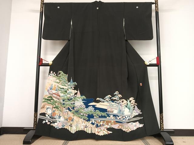 平和屋着物■豪華黒留袖　友禅　作家物　風景花文　正絹　逸品　AAAM9809np