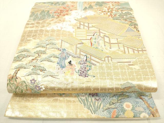 平和屋着物◎六通柄袋帯　人物風景花松文　金糸　正絹　逸品　DAAK8111bc