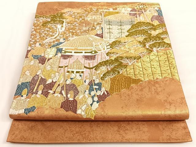 平和屋着物◎六通太鼓柄袋帯　駒刺繍　総刺繍　風景人物文　金銀糸　引箔　正絹　逸品　AAAM7001ey