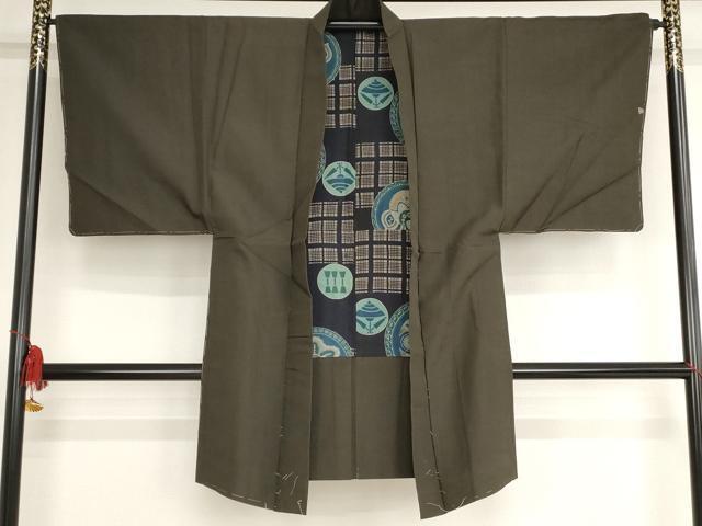 平和屋着物■男性　長羽織　格子　涅色　正絹　逸品　未使用　AAAN6960bw