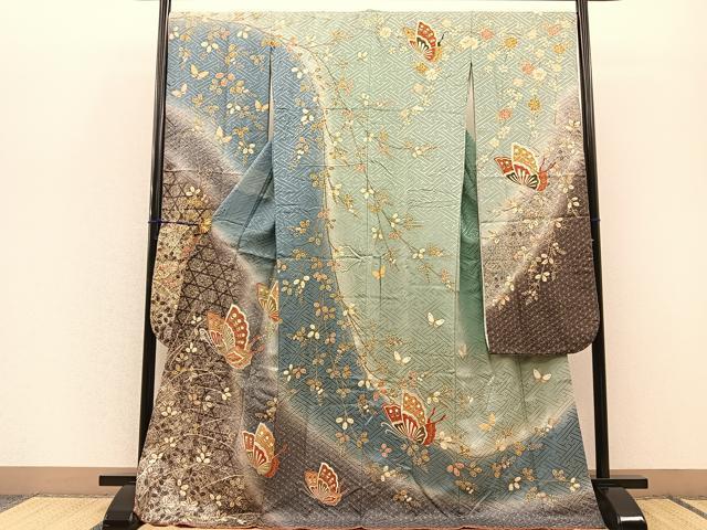 平和屋着物■豪華振袖　絞り　舞蝶萩文　暈し染め　金彩　正絹　逸品　BAAK0318hv