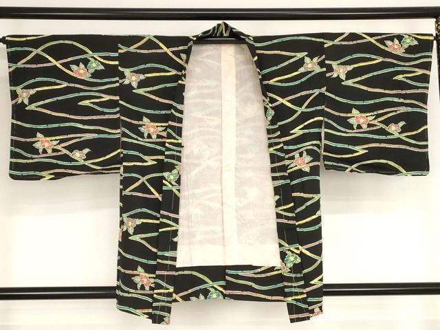 平和屋着物■羽織　草花文　黒地　正絹　逸品　未使用　AAAN9945bw