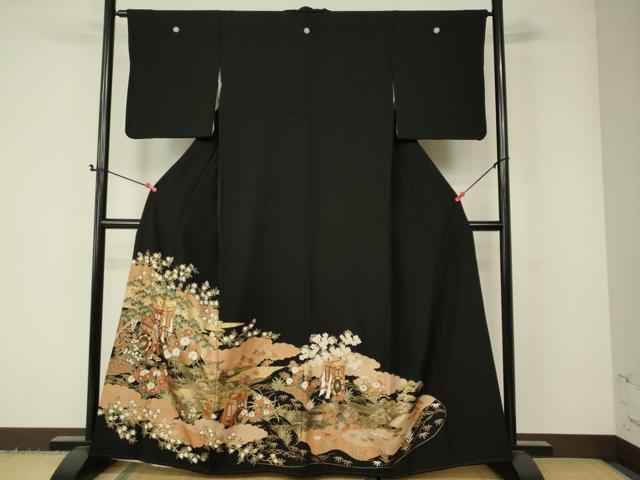 平和屋着物■豪華黒留袖　駒刺繍　御所車花文　金糸　正絹　逸品　DAAJ7889fc