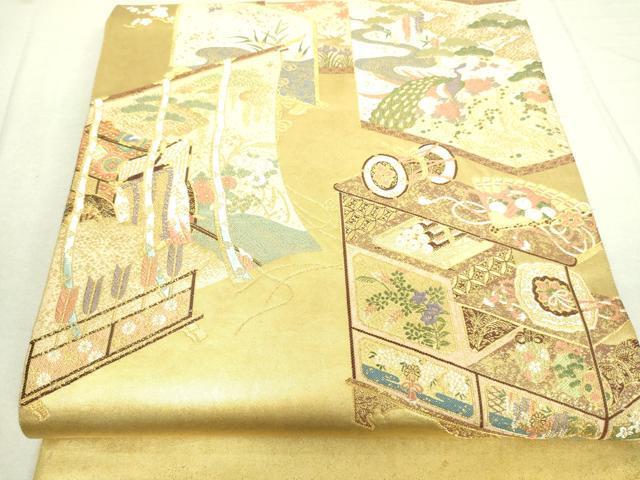平和屋着物■太鼓柄袋帯　御所車孔雀花文　金糸　引箔　正絹　逸品　DAAH7996sf