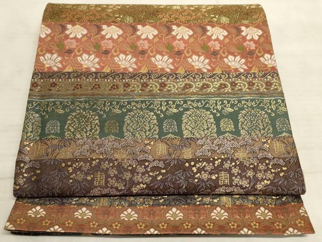 平和屋着物◎全通柄袋帯　松竹梅横段鳥獣花文　金糸　正絹　逸品　AAAM3858sx