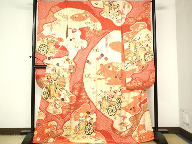 平和屋着物■豪華振袖　駒刺繍　絞り　御所車花文　金彩　正絹　逸品　DAAL0576sf