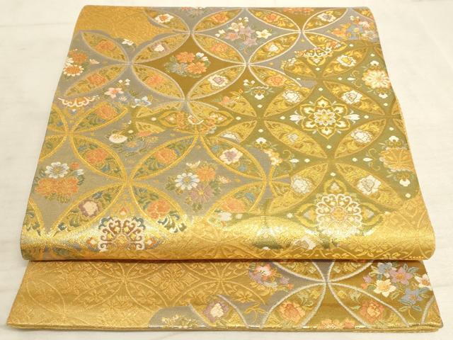 平和屋着物◎全通柄袋帯　七宝花文　金糸　正絹　逸品　AAAM3926sx