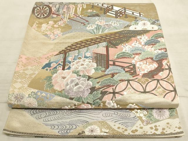 平和屋着物◎六通柄袋帯　唐織　九百錦　地紙重ね風景文　純金箔　正絹　逸品　AAAM3847sx