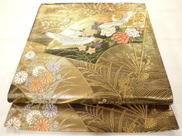 平和屋着物◎六通柄袋帯　扇面飛鶴花文　本金箔　正絹　逸品　AAAM7951jz