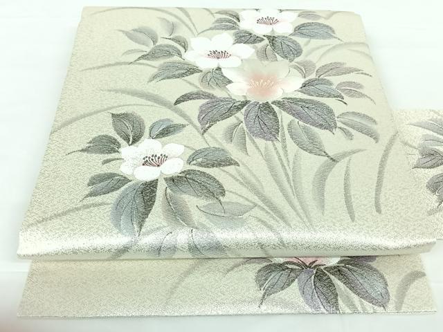 平和屋着物◎九寸名古屋帯　手描き　刺繍　草花文　銀糸　正絹　逸品　AAAN6269jh