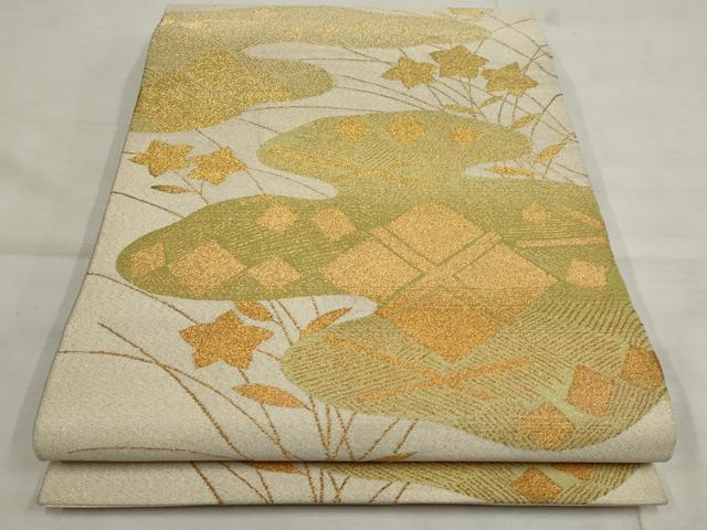 平和屋着物◎綴れ　太鼓柄　本袋帯　草花文　金糸　正絹　逸品　AAAN3185tg