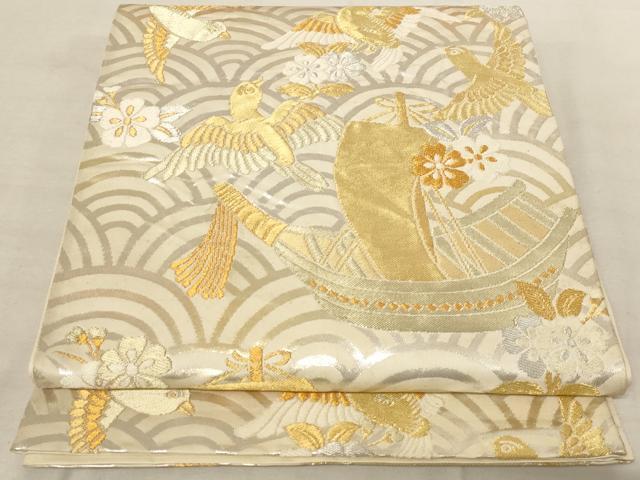 平和屋着物◎六通柄袋帯　花鳥文　舟　青海波　金銀糸　正絹　逸品　AAAN5589st