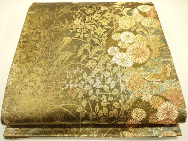 平和屋着物◎六通柄袋帯　花蝶間道　金糸　引箔　正絹　逸品　DAAK5758re