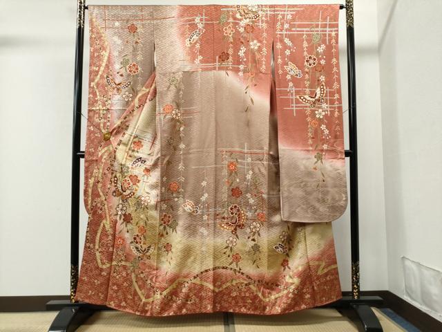 平和屋着物■豪華振袖　鬘帯花蝶文　暈し染め　金彩　正絹　逸品　CAAK6744yc