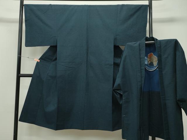 平和屋着物●男性　髭紬　アンサンブル　濃藍色　正絹　逸品　CAAK9873gh
