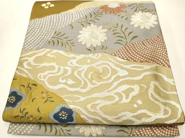 平和屋着物●六通柄袋帯　流水草花文　金糸　正絹　逸品　CAAK4559hy