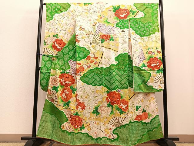 平和屋着物■豪華振袖　駒刺繍　絞り　雲取り扇面牡丹花文　金彩　正絹　逸品　BAAM1020gt