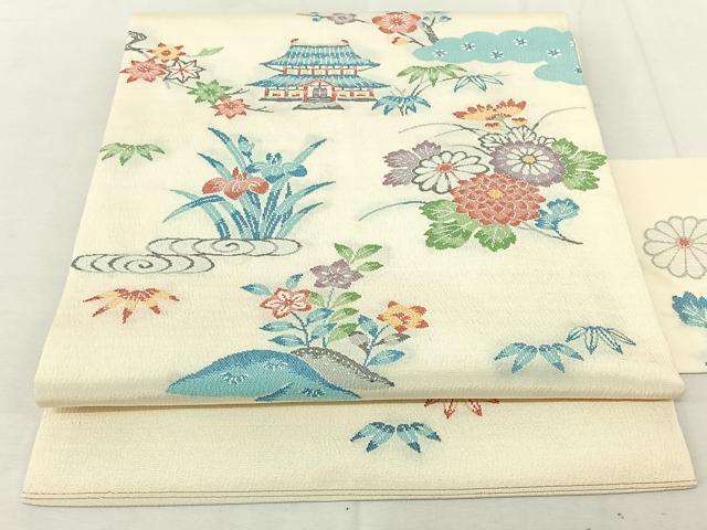 平和屋着物◎九寸名古屋帯　草花文　正絹　逸品　AAAN8489jh