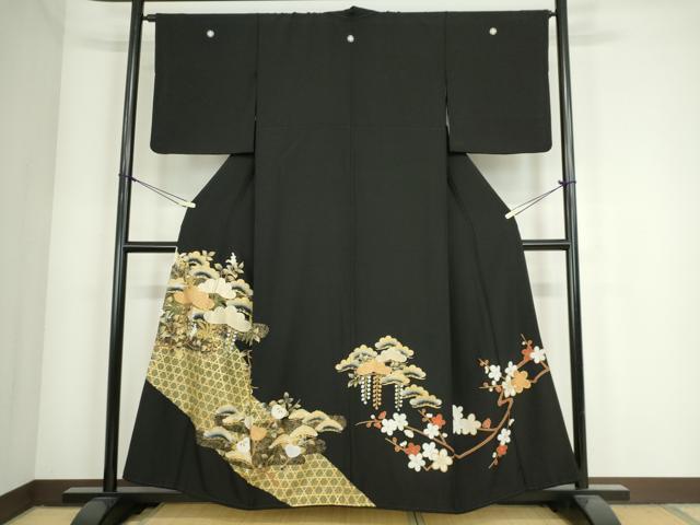 平和屋着物■豪華黒留袖　駒刺繍　籬花松文　金彩　正絹　逸品　DAAI8954az