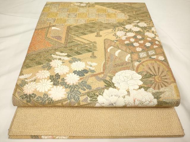 平和屋着物◎綴れ　太鼓柄袋帯　御所車花文　金銀糸　正絹　逸品　AAAN1744ex