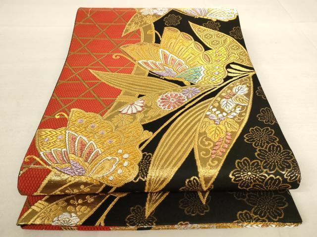 平和屋着物◎六通柄袋帯　舞蝶草花文　黒地　金銀糸　鈴乃屋扱い　正絹　逸品　AAAN7899pf