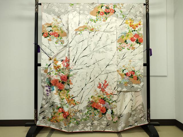 平和屋着物■豪華振袖　駒刺繍　扇面枝花文　金彩　正絹　逸品　CAAK0199in
