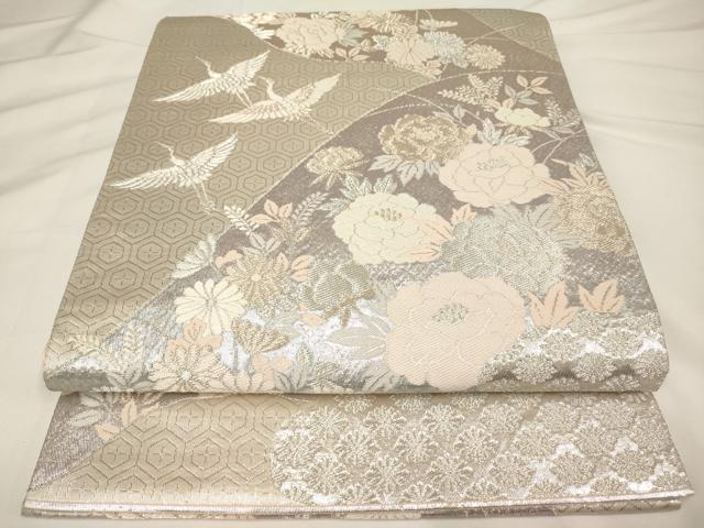 平和屋着物◎六通柄袋帯　重ね山飛鶴花文　銀糸　正絹　逸品　AAAN0164ex