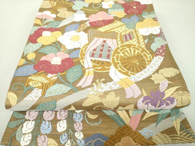 平和屋着物●六通柄袋帯　唐織　扇面飛鶴御所車花文　金糸　正絹　逸品　DAAJ9989ps