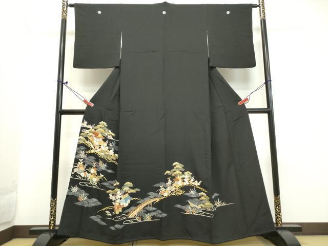 平和屋着物●極上　創業460年・千總　黒留袖　駒刺繍　渡橋風景草花文　金彩　正絹　逸品　DAAK0617ud
