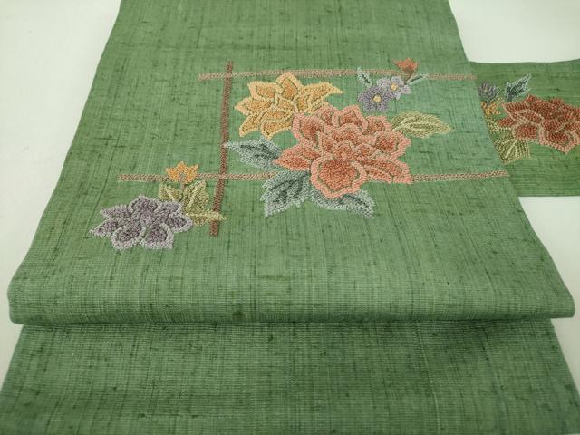 平和屋着物●中国三大刺繍　総相良刺繍　総刺繍　九寸名古屋帯　紬地　草花文　金糸　正絹　逸品　DAAJ9991ps
